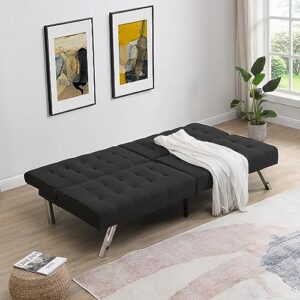 JCSTEU 68’’ Modern Futon Couch Bed with Adjustable Backrest, Linen Folding Sleeper Loveseat Sofa with Metal Leg, Convertible Sofa for Small Space, Living Room (Black)