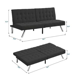 JCSTEU 68’’ Modern Futon Couch Bed with Adjustable Backrest, Linen Folding Sleeper Loveseat Sofa with Metal Leg, Convertible Sofa for Small Space, Living Room (Black)