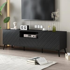 merax modern tv stand for 70" television, entertainment center with adjustable shelves, 1 drawer, open shelf and metal feet, media console table, for living room, 66.9 inch length, black