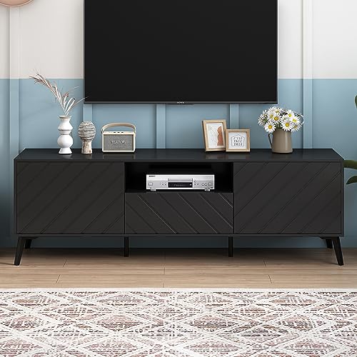 Merax Modern TV Stand for 70" Television, Entertainment Center with Adjustable Shelves, 1 Drawer, Open Shelf and Metal Feet, Media Console Table, for Living Room, 66.9 inch Length, Black