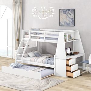 koihome twin over full bunk bed with trundle and built-in desk & three storage drawers & shelf, wooden platform bed frame with slats support for kids,teens bedroom, no box spring needed, white