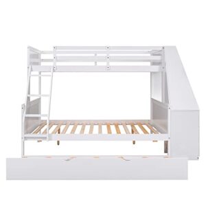 KoiHome Twin Over Full Bunk Bed with Trundle and Built-in Desk & Three Storage Drawers & Shelf, Wooden Platform Bed Frame with Slats Support for Kids,Teens Bedroom, No Box Spring Needed, White