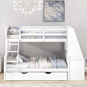 KoiHome Twin Over Full Bunk Bed with Trundle and Built-in Desk & Three Storage Drawers & Shelf, Wooden Platform Bed Frame with Slats Support for Kids,Teens Bedroom, No Box Spring Needed, White