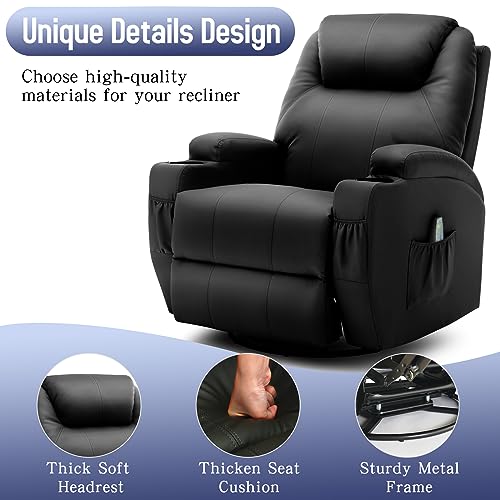 Korser Recliner Chair, Rocking Chair with Massage and Heat, 360° Swivel Recliner Chairs for Adults, Rocker Manual Recliner with Remote Control and Cup Holder for Living Room, Bedroom, Nursery