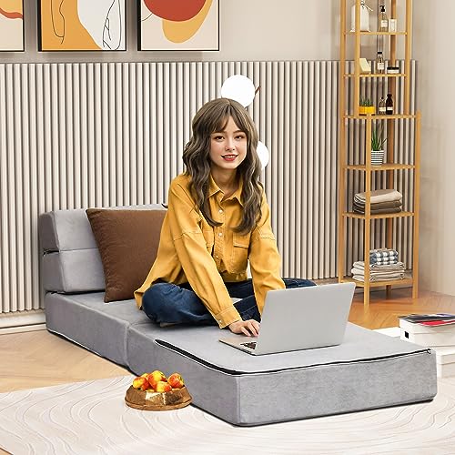 RELAX4LIFE Folding Sofa Bed Chair - 3-in-1 Convertible Couch Sleeper, Floor Futon Couch w/Removable Cover & Full Padded Foam, Fabric Guest Sleeper Chair for Living Room, Study, Apartment (Grey)