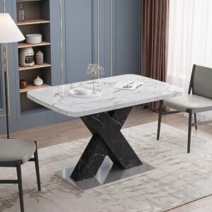 FIVESHOW Modern Square Dining Table, Stretchable, White Marble Table Top+MDF X-Shape Table Leg with Metal Base (White+Black)