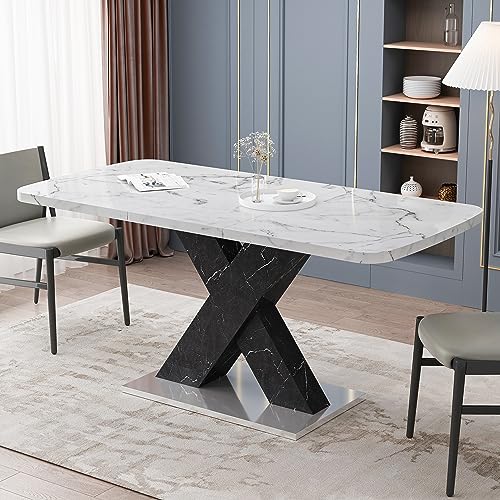 FIVESHOW Modern Square Dining Table, Stretchable, White Marble Table Top+MDF X-Shape Table Leg with Metal Base (White+Black)