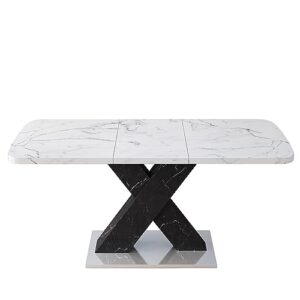 FIVESHOW Modern Square Dining Table, Stretchable, White Marble Table Top+MDF X-Shape Table Leg with Metal Base (White+Black)