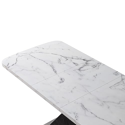 FIVESHOW Modern Square Dining Table, Stretchable, White Marble Table Top+MDF X-Shape Table Leg with Metal Base (White+Black)