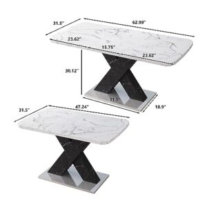 FIVESHOW Modern Square Dining Table, Stretchable, White Marble Table Top+MDF X-Shape Table Leg with Metal Base (White+Black)