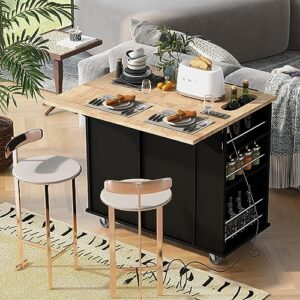 gustonhon kitchen island with drop leaf,dining table trolley with power outlet and rubber wood,open storage and wine rack,5 wheels,with adjustable storage for home, kitchen, and dining room (black)