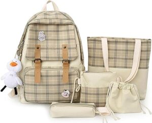 5pcs kawaii backpack casual bags cute aesthetic backpacks with tote handbag pencil pen case pouch,with cute bear pendant pins (khaki)