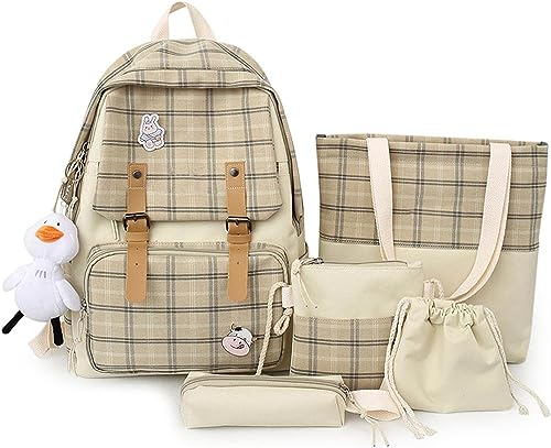 5Pcs Kawaii Backpack Casual Bags Cute Aesthetic Backpacks with Tote Handbag Pencil Pen Case Pouch,with Cute Bear Pendant Pins (Khaki)