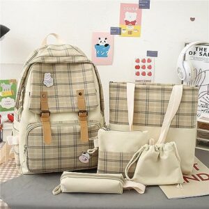 5Pcs Kawaii Backpack Casual Bags Cute Aesthetic Backpacks with Tote Handbag Pencil Pen Case Pouch,with Cute Bear Pendant Pins (Khaki)