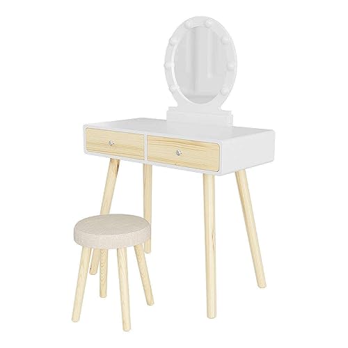 KJNS Makeup Vanity Dressing Table Set Dresser Desk w/Mirror Drawer White Lights Vanity Desk Makeup Vanity Side Tables Bedroom Vanity Table Portable Desk Vanity Set