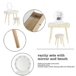 KJNS Makeup Vanity Dressing Table Set Dresser Desk w/Mirror Drawer White Lights Vanity Desk Makeup Vanity Side Tables Bedroom Vanity Table Portable Desk Vanity Set