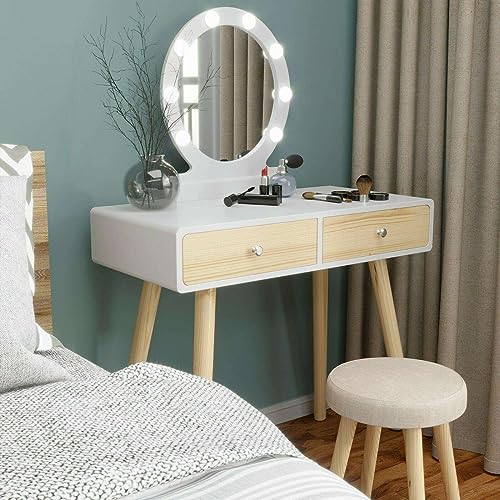 KJNS Makeup Vanity Dressing Table Set Dresser Desk w/Mirror Drawer White Lights Vanity Desk Makeup Vanity Side Tables Bedroom Vanity Table Portable Desk Vanity Set