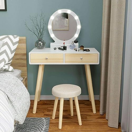 KJNS Makeup Vanity Dressing Table Set Dresser Desk w/Mirror Drawer White Lights Vanity Desk Makeup Vanity Side Tables Bedroom Vanity Table Portable Desk Vanity Set