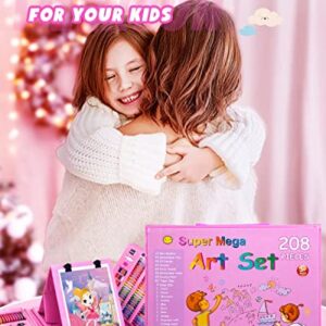 Art Supplies,208 Pack Art Set Drawing Kit for Girls Boys Artist, Deluxe Gift Art Box with Trifold Easel,Includes Oil Pastels, Crayons, Colored Pencils, Coloring Book, Scissors, Origami Paper 40 Sheets