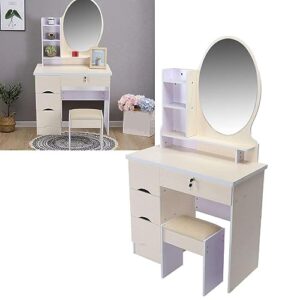 KJNS Makeup Vanity Set Dressing Table w/ 4 Drawers + Stool + Mirror Vanity Desk Makeup Vanity Side Tables Bedroom Vanity Table Portable Desk Vanity Set