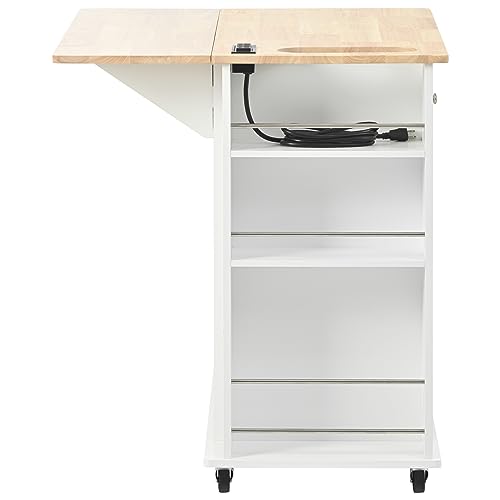 Gustonhon Kitchen Island with Drop Leaf,Dining Table Trolley with Power Outlet and Rubber Wood,Open Storage and Wine Rack,5 Wheels,with Adjustable Storage for Home, Kitchen, and Dining Room (White)