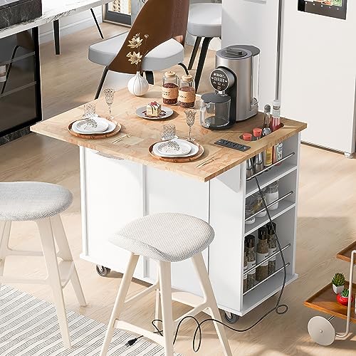 Gustonhon Kitchen Island with Drop Leaf,Dining Table Trolley with Power Outlet and Rubber Wood,Open Storage and Wine Rack,5 Wheels,with Adjustable Storage for Home, Kitchen, and Dining Room (White)