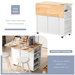 Gustonhon Kitchen Island with Drop Leaf,Dining Table Trolley with Power Outlet and Rubber Wood,Open Storage and Wine Rack,5 Wheels,with Adjustable Storage for Home, Kitchen, and Dining Room (White)