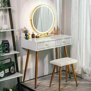 KJNS Modern Makeup Dressing Table Vanity Set with Lighted Mirror Cushioned Stool Vanity Desk Makeup Vanity Side Tables Bedroom Vanity Table Portable Desk Vanity Set