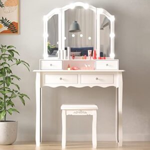 ginguohome vanity set with lighted mirror, white dressing table,makeup vanity with tri-fold mirror and 10 led dimmable bulbs,dressing table with cushioned stool&4 drawers,for bedroom vanity desk white