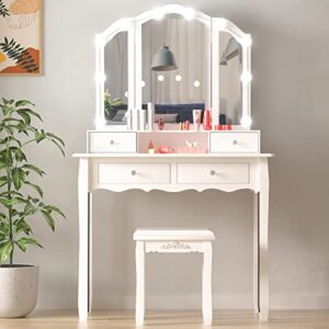 GinguoHome Vanity Set with Lighted Mirror, White Dressing Table,Makeup Vanity with Tri-Fold Mirror and 10 LED Dimmable Bulbs,Dressing Table with Cushioned Stool&4 Drawers,for Bedroom Vanity Desk White