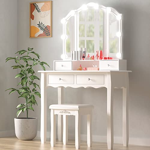 GinguoHome Vanity Set with Lighted Mirror, White Dressing Table,Makeup Vanity with Tri-Fold Mirror and 10 LED Dimmable Bulbs,Dressing Table with Cushioned Stool&4 Drawers,for Bedroom Vanity Desk White