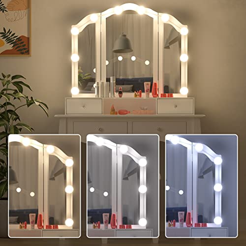 GinguoHome Vanity Set with Lighted Mirror, White Dressing Table,Makeup Vanity with Tri-Fold Mirror and 10 LED Dimmable Bulbs,Dressing Table with Cushioned Stool&4 Drawers,for Bedroom Vanity Desk White