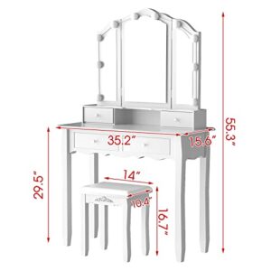 GinguoHome Vanity Set with Lighted Mirror, White Dressing Table,Makeup Vanity with Tri-Fold Mirror and 10 LED Dimmable Bulbs,Dressing Table with Cushioned Stool&4 Drawers,for Bedroom Vanity Desk White