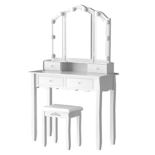 GinguoHome Vanity Set with Lighted Mirror, White Dressing Table,Makeup Vanity with Tri-Fold Mirror and 10 LED Dimmable Bulbs,Dressing Table with Cushioned Stool&4 Drawers,for Bedroom Vanity Desk White