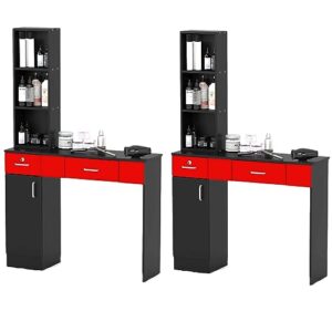 jouuqz makeup vanity desk modern dressing tables set 2 with 2 drawers, 1 storage cabinet and 3 open storage shelves, women girls bedroom makeup table without mirror, black red