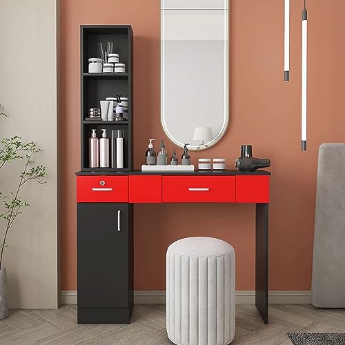 JOUUQZ Makeup Vanity Desk Modern Dressing Tables Set 2 with 2 Drawers, 1 Storage Cabinet and 3 Open Storage Shelves, Women Girls Bedroom Makeup Table Without Mirror, Black Red