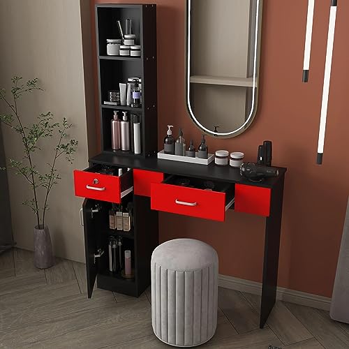 JOUUQZ Makeup Vanity Desk Modern Dressing Tables Set 2 with 2 Drawers, 1 Storage Cabinet and 3 Open Storage Shelves, Women Girls Bedroom Makeup Table Without Mirror, Black Red