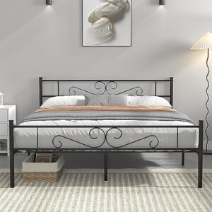 vecelo full size bed frame with headboard, 14 inch metal platform mattress foundation, no boxing spring needed, squeak resistant, easy assembly, black