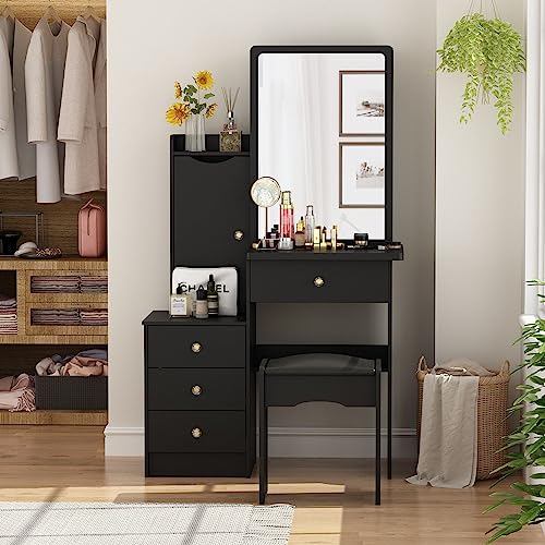 FAMAPY Makeup Desk with Drawers & Crystal Handles, Vanity Table Set with Sliding Mirror, Vanity Desk Dressing Table with Drawers and Shelves, Cushion Stool, Black