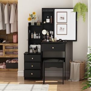 FAMAPY Makeup Desk with Drawers & Crystal Handles, Vanity Table Set with Sliding Mirror, Vanity Desk Dressing Table with Drawers and Shelves, Cushion Stool, Black