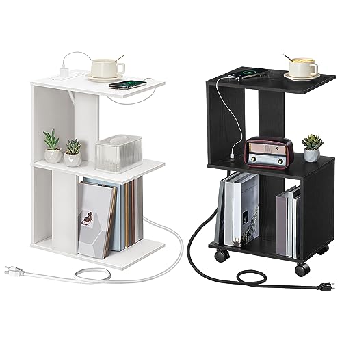 MAHANCRIS End Table with Charging Station and Black Beside Table, Narrow Side Table for Small Spaces, White Slim Nightstand with Light, Beside Table,for Bedroom, Living Room ETWT18E01Z-ETHB77E01