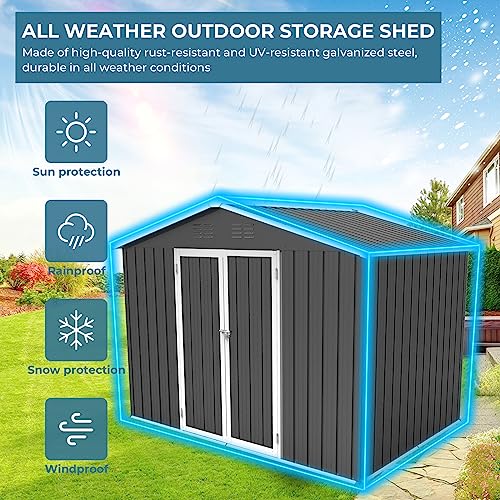 Zevemomo 8 x 6 ft Outdoor Storage Shed, All Weather Tool Shed with Metal Foundation & 2 Lockable Doors, Metal Shed Outdoor Storage for Garden, Patio, Backyard, Lawn, Grey