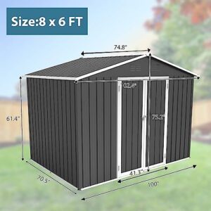 Zevemomo 8 x 6 ft Outdoor Storage Shed, All Weather Tool Shed with Metal Foundation & 2 Lockable Doors, Metal Shed Outdoor Storage for Garden, Patio, Backyard, Lawn, Grey