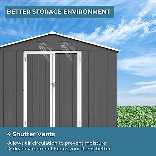 Zevemomo 8 x 6 ft Outdoor Storage Shed, All Weather Tool Shed with Metal Foundation & 2 Lockable Doors, Metal Shed Outdoor Storage for Garden, Patio, Backyard, Lawn, Grey