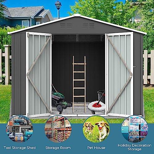 Zevemomo 8 x 6 ft Outdoor Storage Shed, All Weather Tool Shed with Metal Foundation & 2 Lockable Doors, Metal Shed Outdoor Storage for Garden, Patio, Backyard, Lawn, Grey