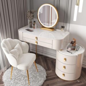 vanity desk with 3-color lighted mirror, makeup vanity table set with lights & side cabinet 3 drawers, dressing table with cushioned stool for women girls (size : 80cm-b)