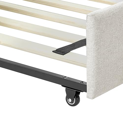 Eafurn Upholstered Daybed with Twin Size Trundle Bed and Wooden Slatted, Modern Linen Upholstered Full Size Day Bed Tufted SofaDaybed Frame and A Trundle, No Box Spring Needed, Furniture for Bedroom