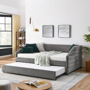 eafurn upholstered daybed with twin size trundle bed and wooden slatted, modern linen upholstered full size day bed tufted sofadaybed frame and a trundle, no box spring needed, furniture for bedroom