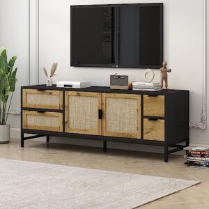 voohek rattan boho tv stand with drawers and adjustable shelves, entertainment center w/storage for 65 inch television, media console table for living room, black