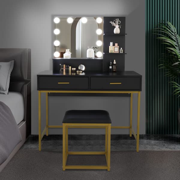 INXXCOROO Style Vanity Set with Lighted Mirror - Black Makeup Dresser with Stool
